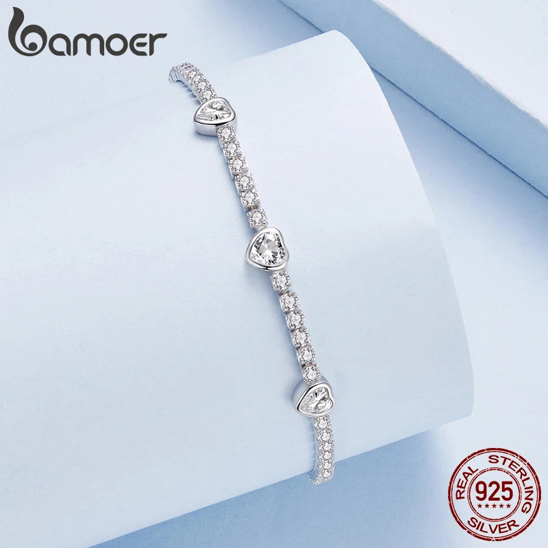 BAMOER 925 Sterling Silver Elegant Heart Bracelets for Women, Adjustable Chain Tennis Bracelet Jewelry Gifts