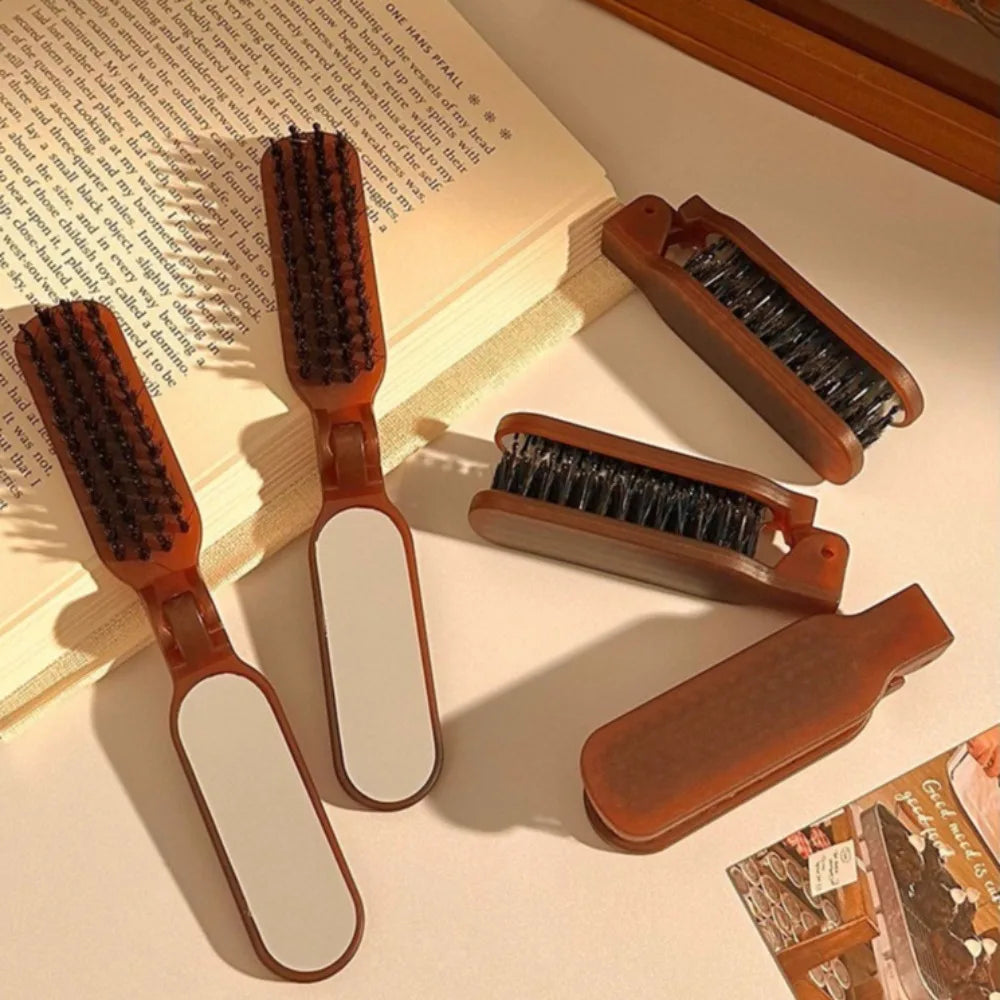 1Pc Boar Bristle Massage Hair Comb Anti Static with Makeup Mirror Folding Comb High Skull Integrated Styling Combs Supplies