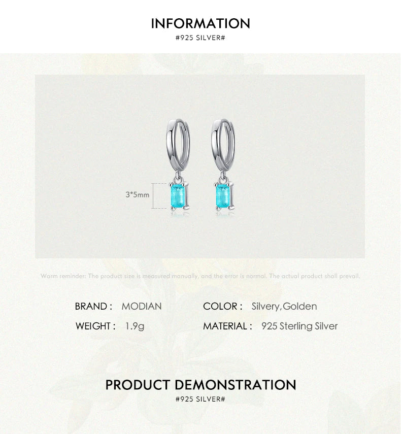 Modian Exquisite Tourmaline Hoop Earrings Fashion Real 925 Sterling Silver Rectangle Paraiba Earring For Women Fine Jewelry Gift