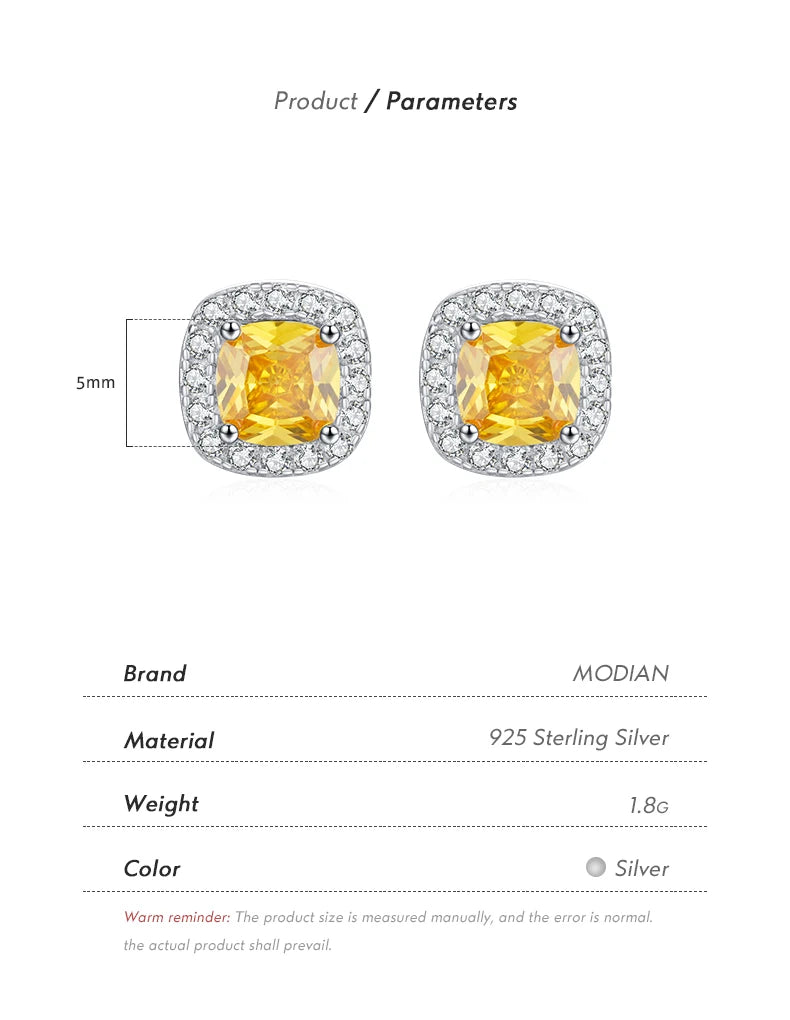 MODIAN Yellow Sparkling Cubic Zirconia Platinum Plated Stud Earrings 925 Sterling Silver Earrings For Women Wedding Jewelry