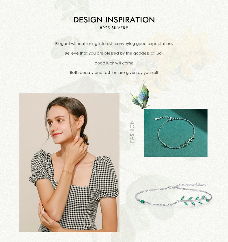 MODIAN 925 Sterling Silver Green Leaf Zirconia Adjustable Link Chain Bracelet For Women Fashion Wedding Jewelry Accessories