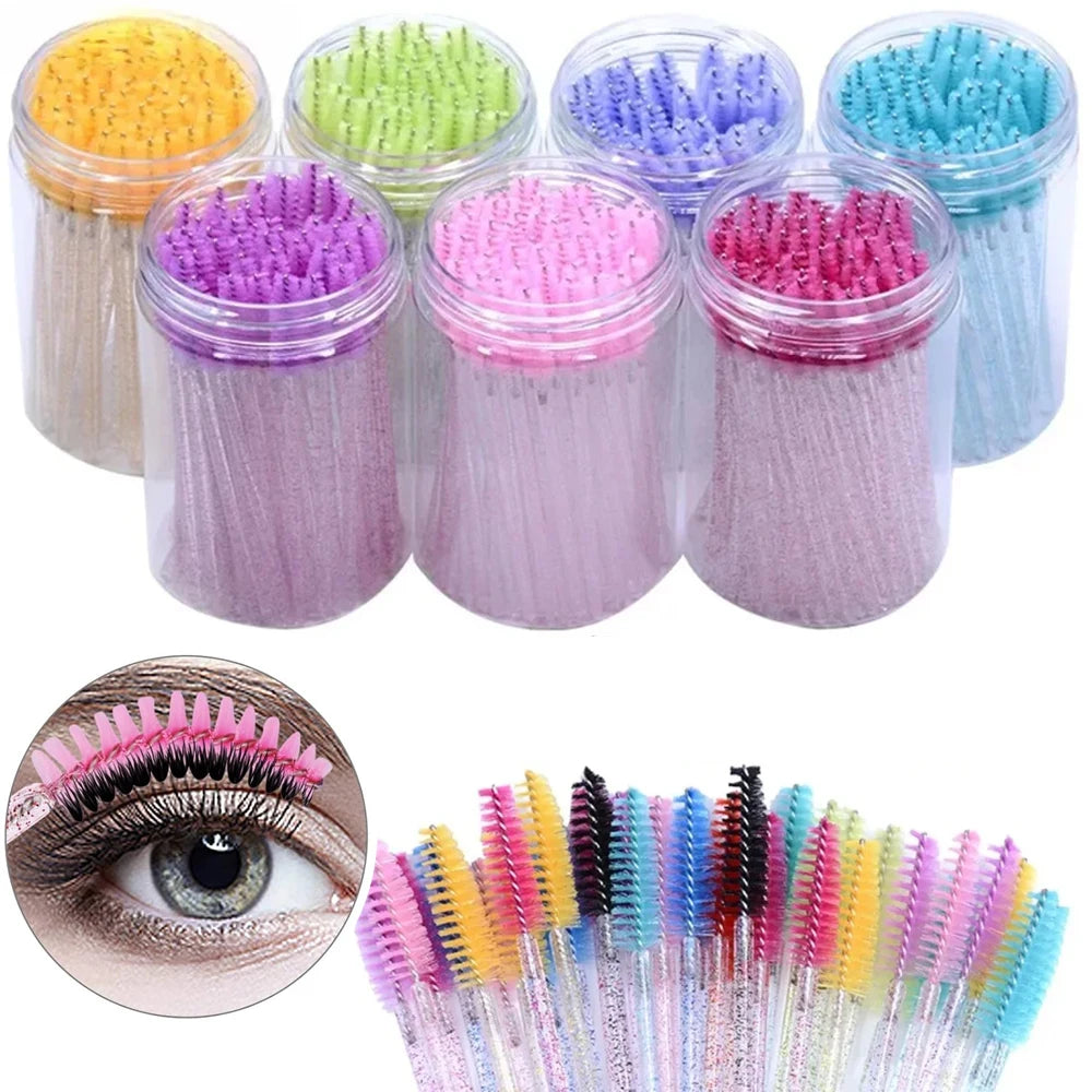 50Pcs Disposable Mascara Wands, Crystal Eyebrow Spoolies Brush for Eyelash Extensions Lash Brushes with Container Makeup Tools