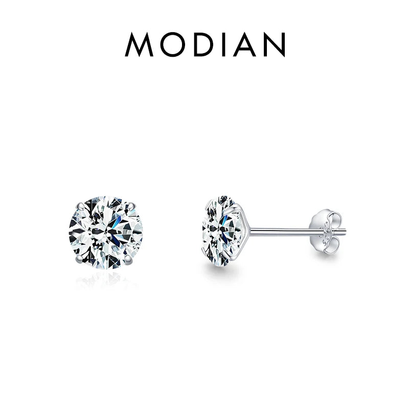 Modian Sparkling Clear CZ Stud Earrings 925 Sterling Silver Round Zirconia 4MM 5MM 6MM 7MM Earrings For Women Wedding Jewelry