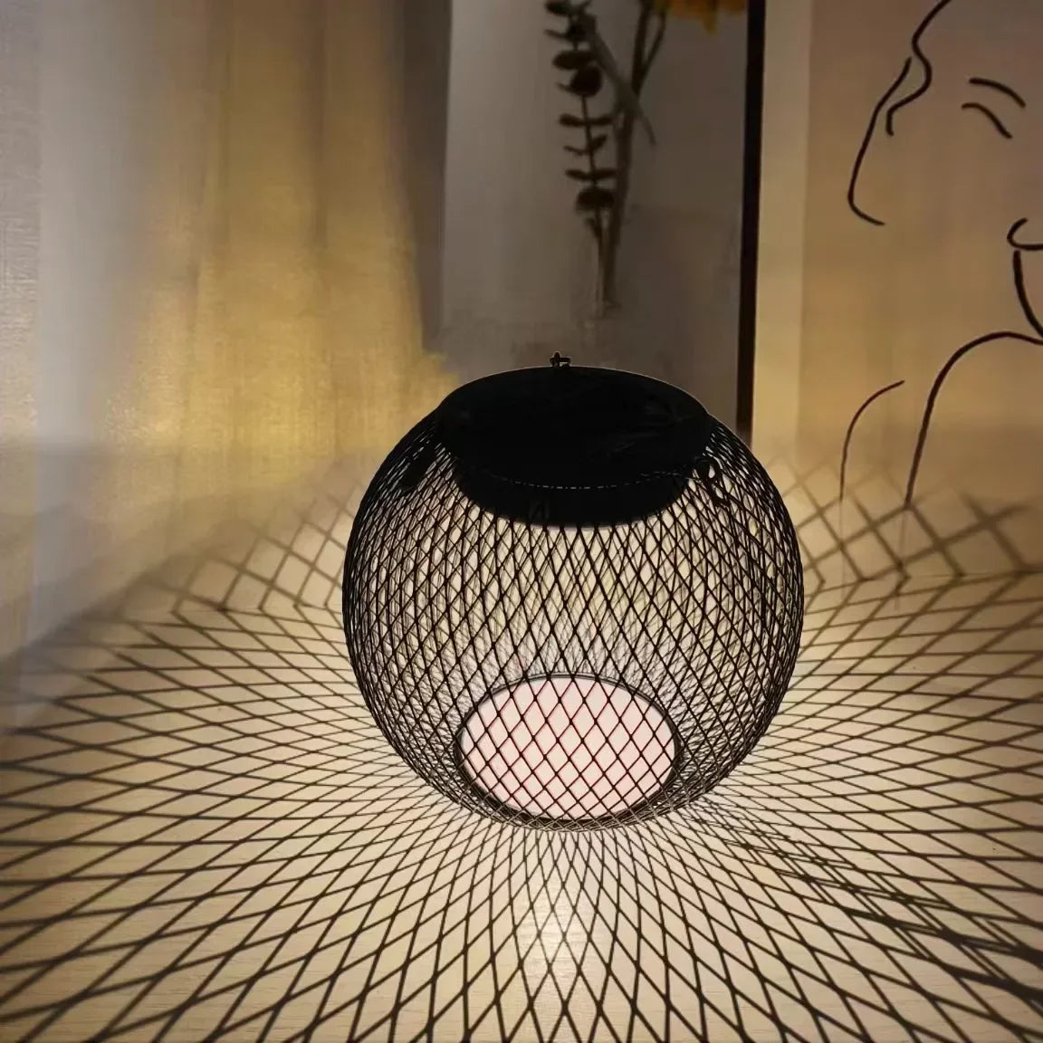 Solar Powered Thickened Wrought Iron Rustic Lattice Mesh Pendant Light Outdoor Garden Backyard Dimmable LED Hanging Decor Lamp