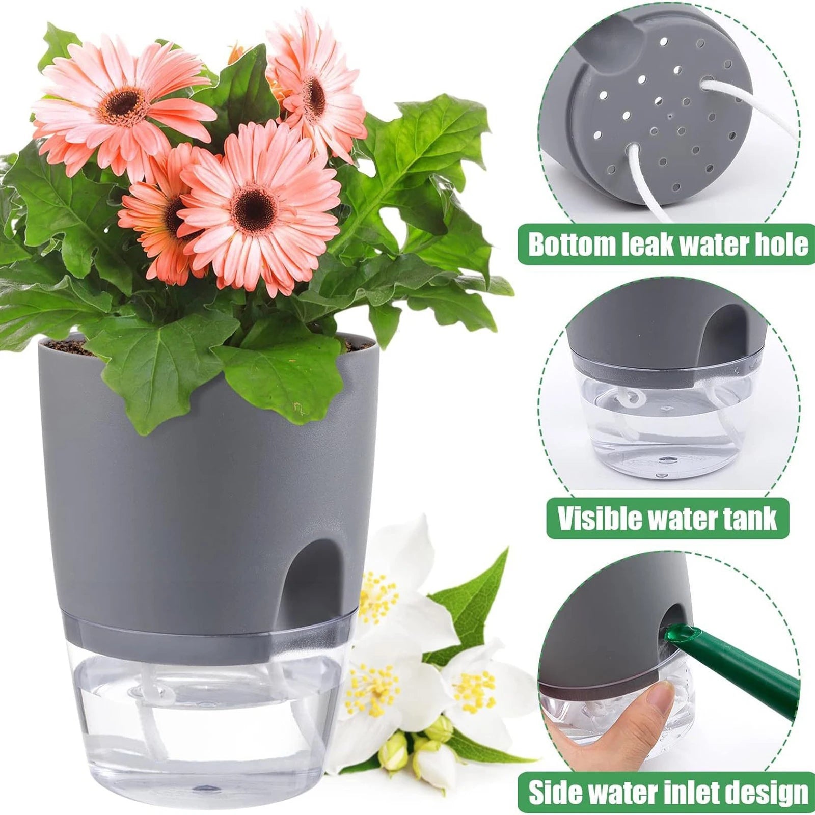 8.2/10.5/15.3/23.5cm Hydroponic Pot Self Watering Flower Pot Liquid Farming Soilless Cultivation Planter Cotton Rope Watering
