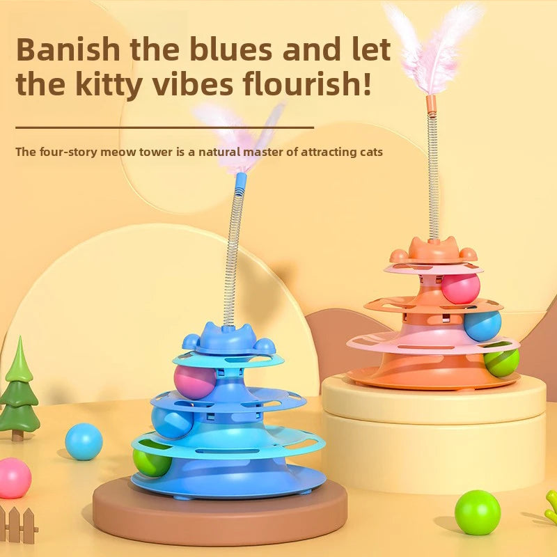 4-Layers Feather Cat Turntable with Fun Toy Ball and Playing Stick Interactive Cat Toy Tower Kitten Turntable Track Roller Balls