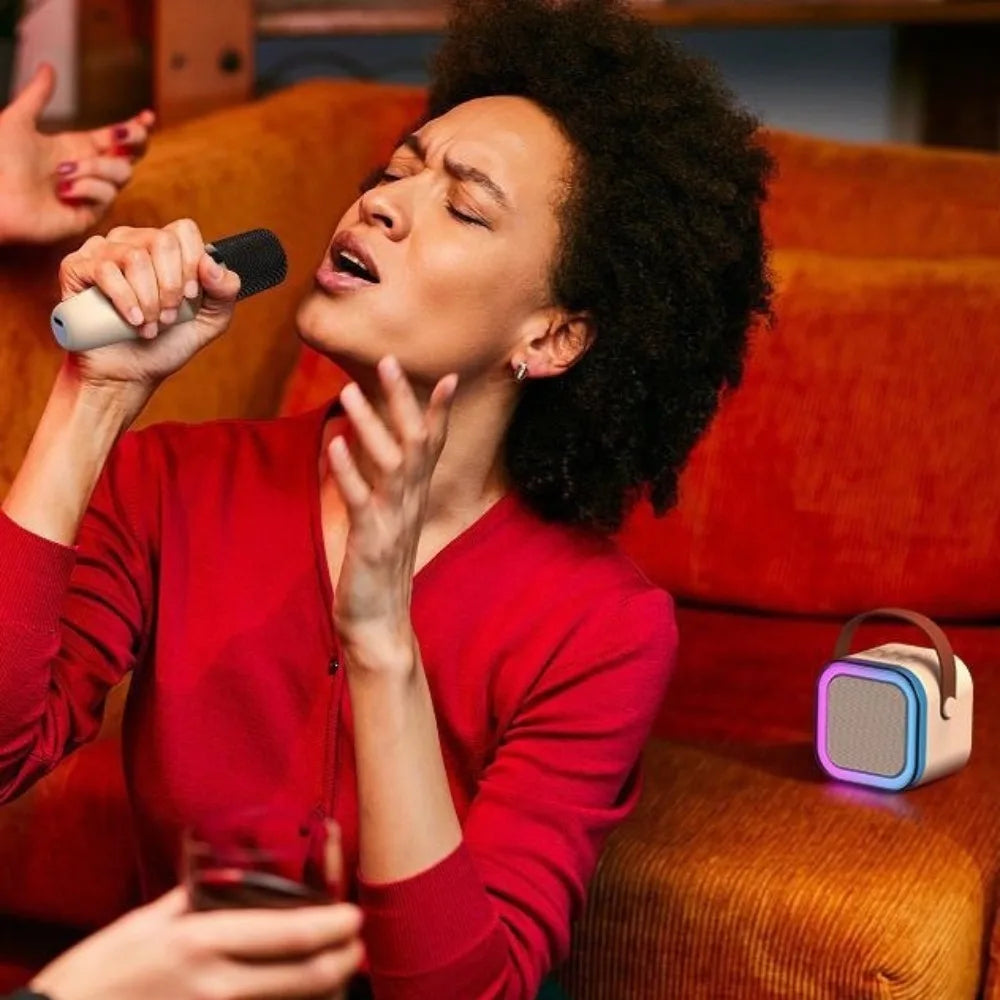 Bluetooth Audio Mini Karaoke Machine K12 with 1/2 Wireless Microphones Portable Bluetooth Speaker Fun Toys RGB Light