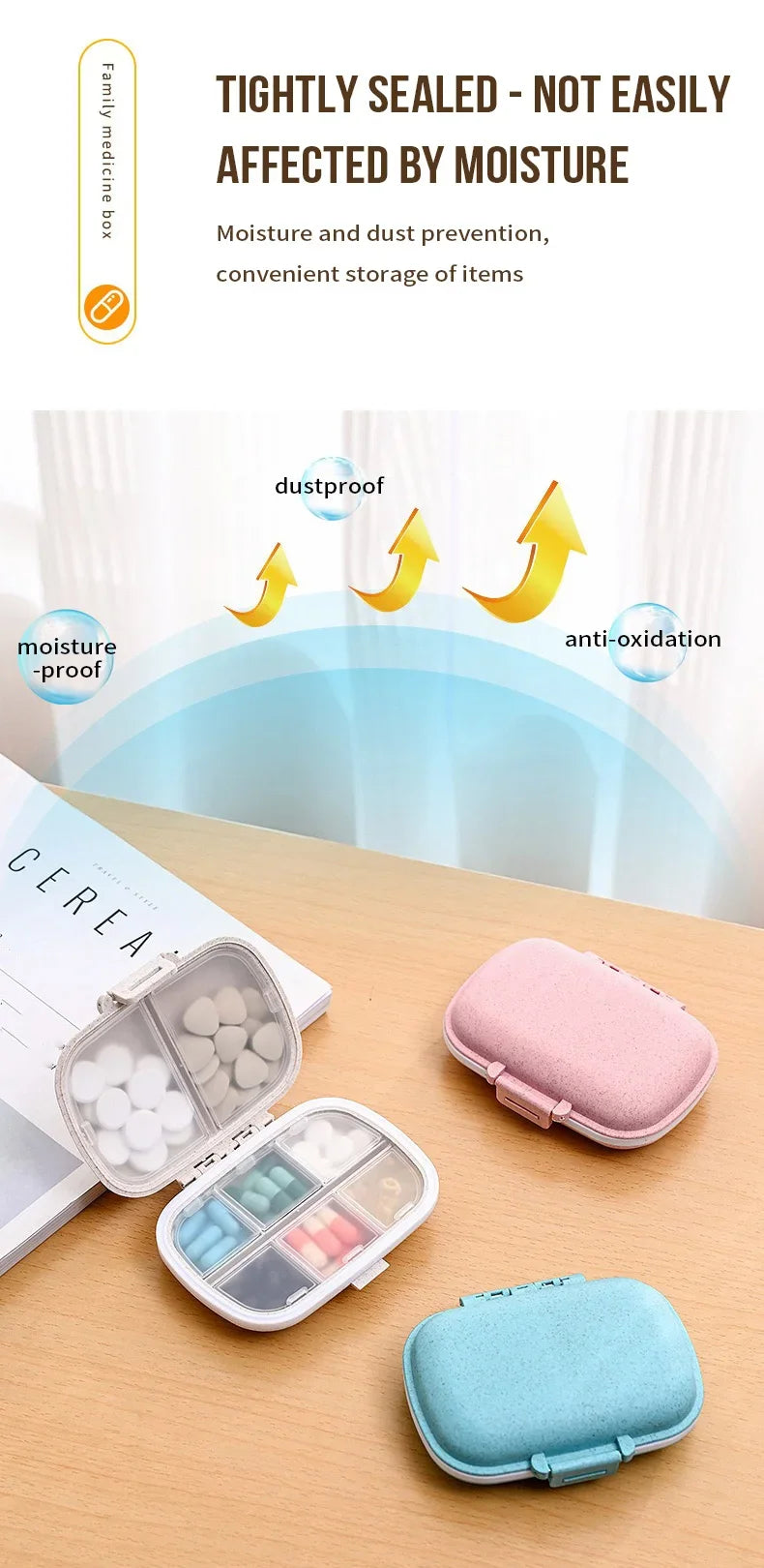 8 Grids  Pill Box With Seal Ring For Organizer Small Wheat Tablets Container Box For Tablets Straw Container For MedicinesTravel