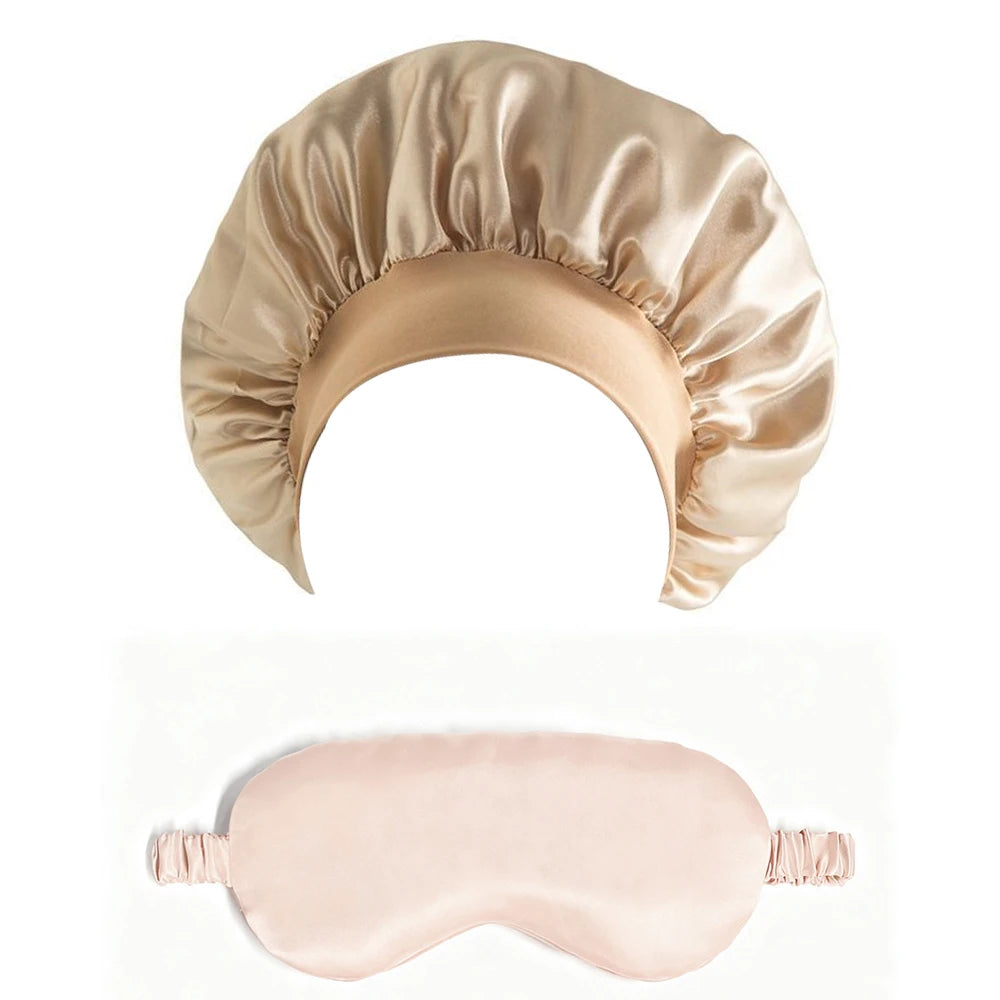 2PCS Satin Bonnet Sleep Cap Eye Mask Set Women Night Care Hair Wrap Sleeping Mask Silk Soft Comfortable Travel Rest Gift