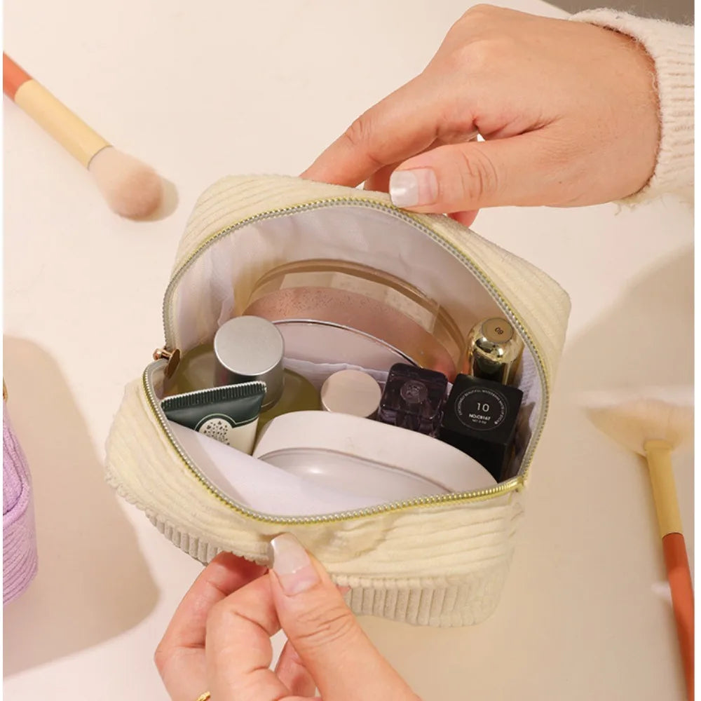 Small Makeup Bag for Purse Mini Cosmetics Bag Corduroy Cute Cosmetic Pouch for Women with Slip-in Pockets Storage Clutch