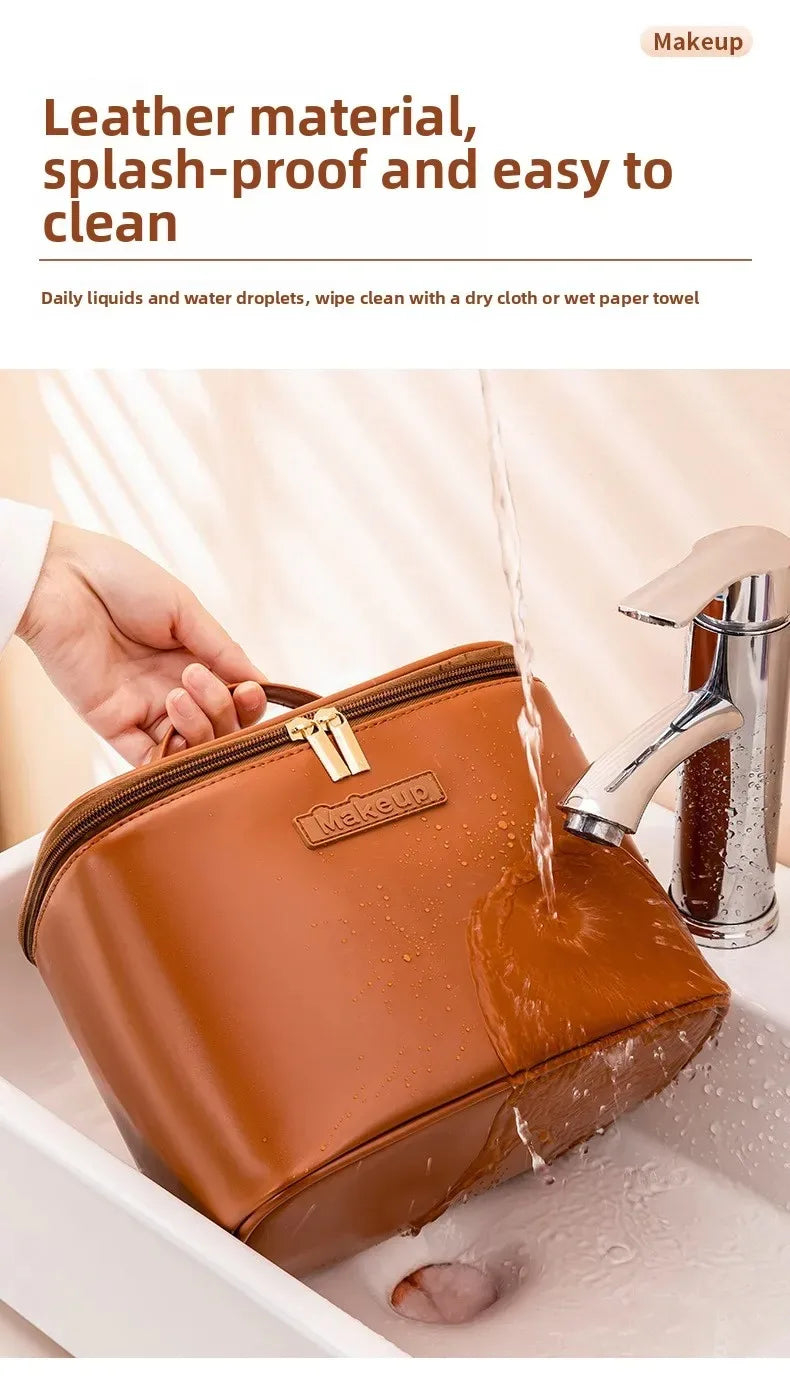 Large Capacity Waterproof Multifunctional Travel Cosmetic Bag Portable Makeup Storage Box PU Material Round Cylinder Shape