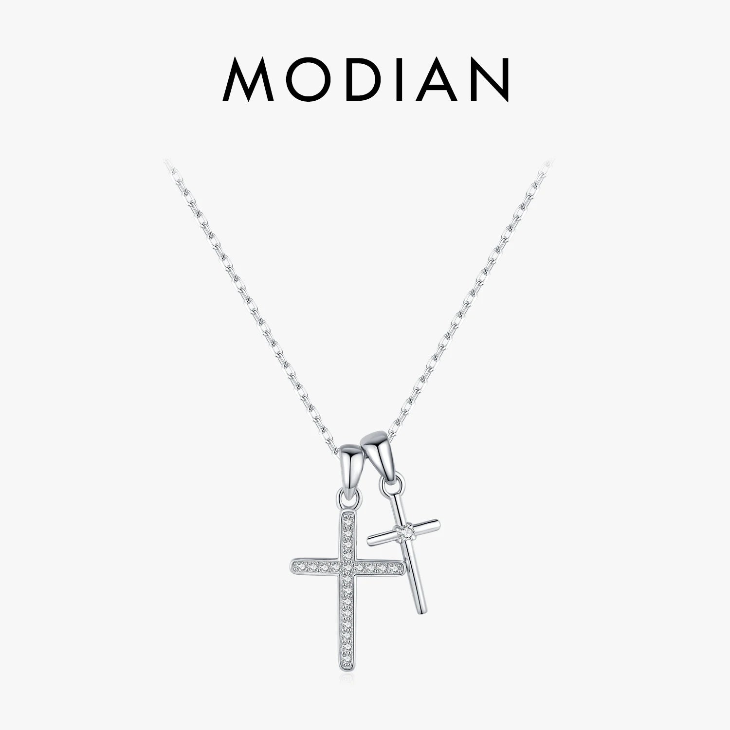 MODIAN 925 Sterling Silver Classic Delicate Double Cross Zircon Link Chain Pendant Necklace For Women Fine Jewelry Gifts