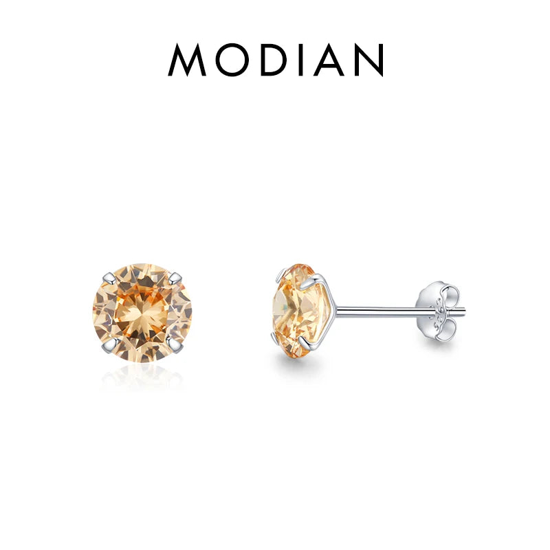 Modian Champagne Zirconia Stud Earrings 925 Sterling Silver Round CZ Hypoallergenic 4MM 5MM 6MM 7MM Earrings For Women Jewelry