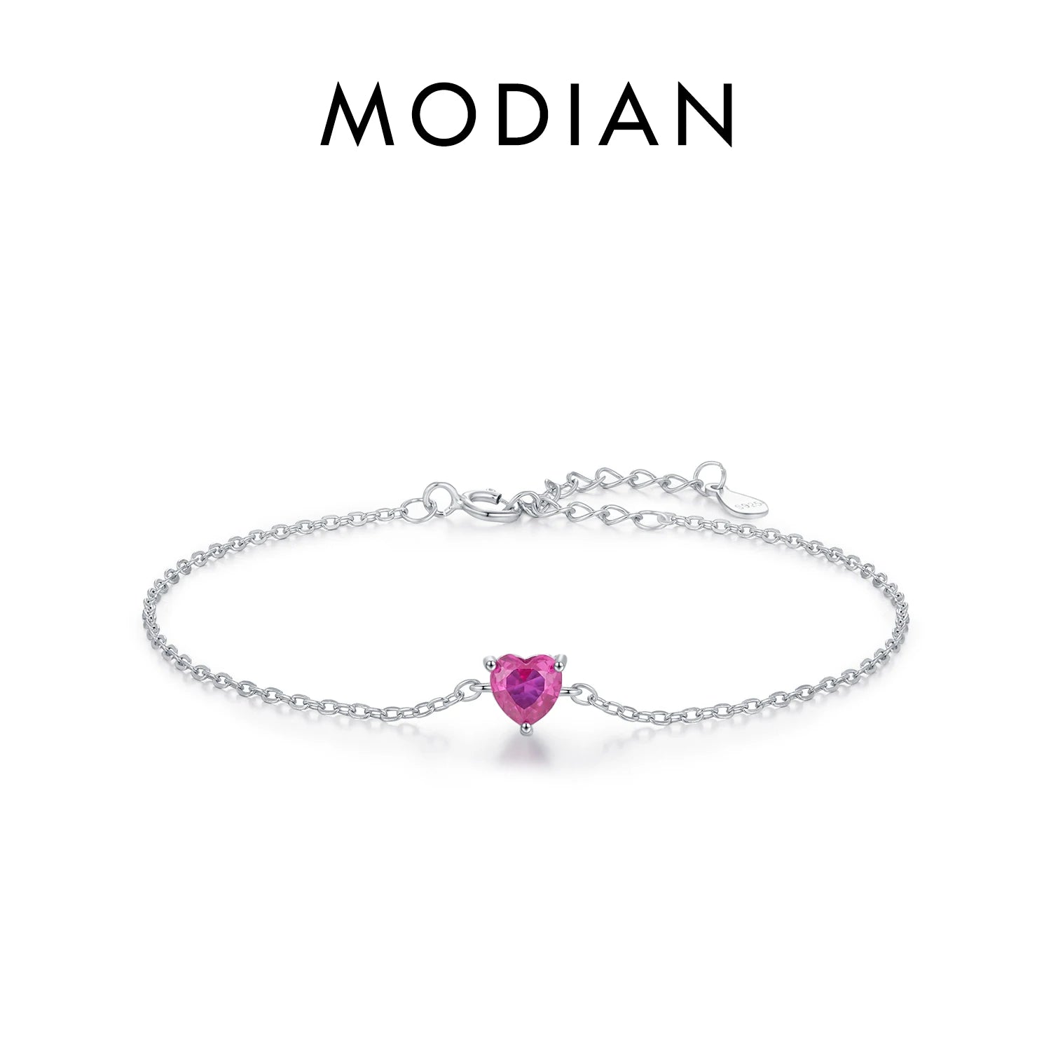 MODIAN 925 Sterling Silver Romantic Rose Red Zirconia Heart  Bracelet Elegant Simple Link Chain For Women Fine Jewelry Gifts