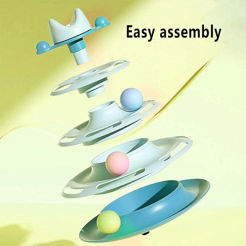 4-Layers Feather Cat Turntable with Fun Toy Ball and Playing Stick Interactive Cat Toy Tower Kitten Turntable Track Roller Balls