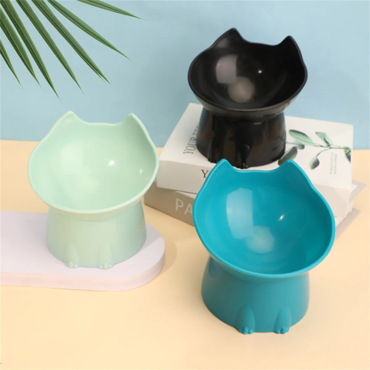 1pc Cat Neck Protection Food Ware Elevated Cat Bowl Anti-Tip Plastic Raised Pet Feeding Dish with Tilted Edge
