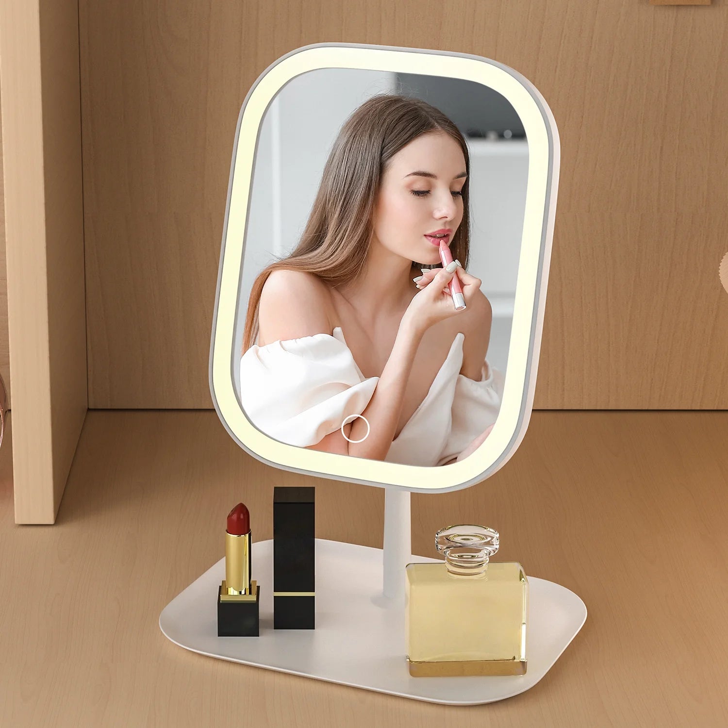 LED Vanity Mirror Intelligent Adjustable Three-color Light Vanity Mirror Desktop Fill Light Mirror One Touch Charging Model