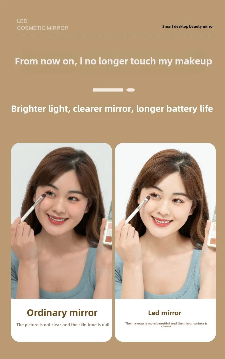 LED Vanity Mirror Intelligent Adjustable Three-color Light Vanity Mirror Desktop Fill Light Mirror One Touch Charging Model