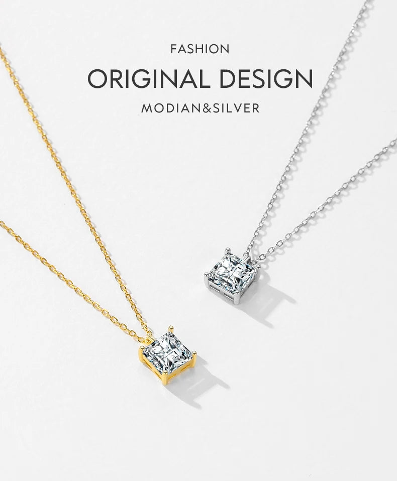 MODIAN 925 Sterling Silver Square Sparkling AAAAA CZ Pendant Necklace Platinum Plated Neck Chain for Wowen Weddng Fine Jewelry