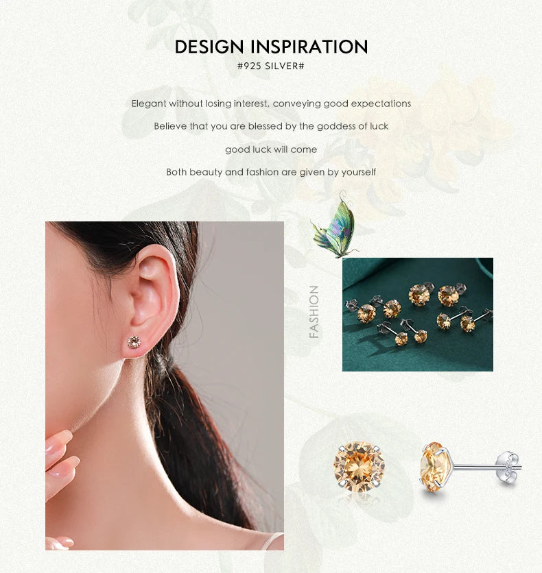 Modian Champagne Zirconia Stud Earrings 925 Sterling Silver Round CZ Hypoallergenic 4MM 5MM 6MM 7MM Earrings For Women Jewelry