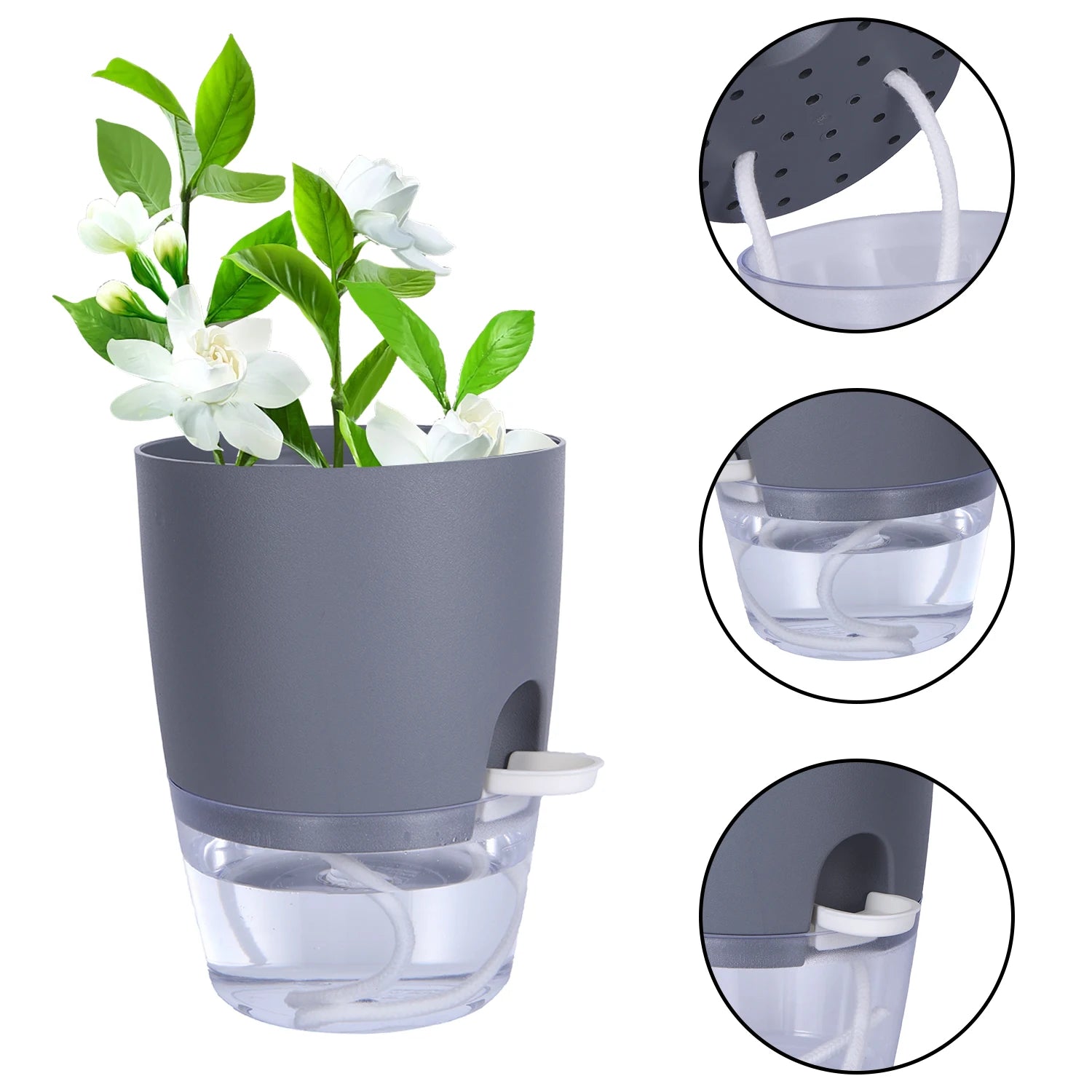 8.2/10.5/15.3/23.5cm Hydroponic Pot Self Watering Flower Pot Liquid Farming Soilless Cultivation Planter Cotton Rope Watering