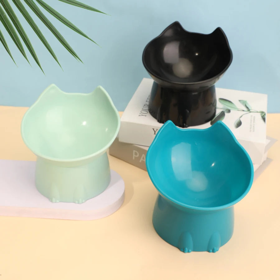1pc Cat Neck Protection Food Ware Elevated Cat Bowl Anti-Tip Plastic Raised Pet Feeding Dish with Tilted Edge