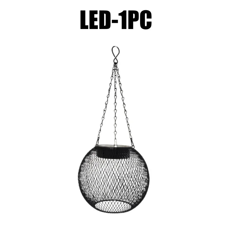 Solar Powered Thickened Wrought Iron Rustic Lattice Mesh Pendant Light Outdoor Garden Backyard Dimmable LED Hanging Decor Lamp