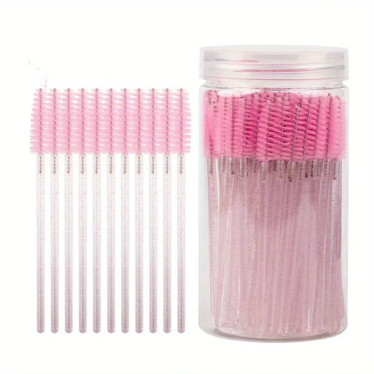 50Pcs Disposable Mascara Wands, Crystal Eyebrow Spoolies Brush for Eyelash Extensions Lash Brushes with Container Makeup Tools