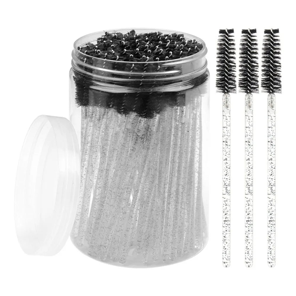 50Pcs Disposable Mascara Wands, Crystal Eyebrow Spoolies Brush for Eyelash Extensions Lash Brushes with Container Makeup Tools