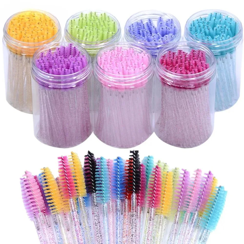 50Pcs Disposable Mascara Wands, Crystal Eyebrow Spoolies Brush for Eyelash Extensions Lash Brushes with Container Makeup Tools