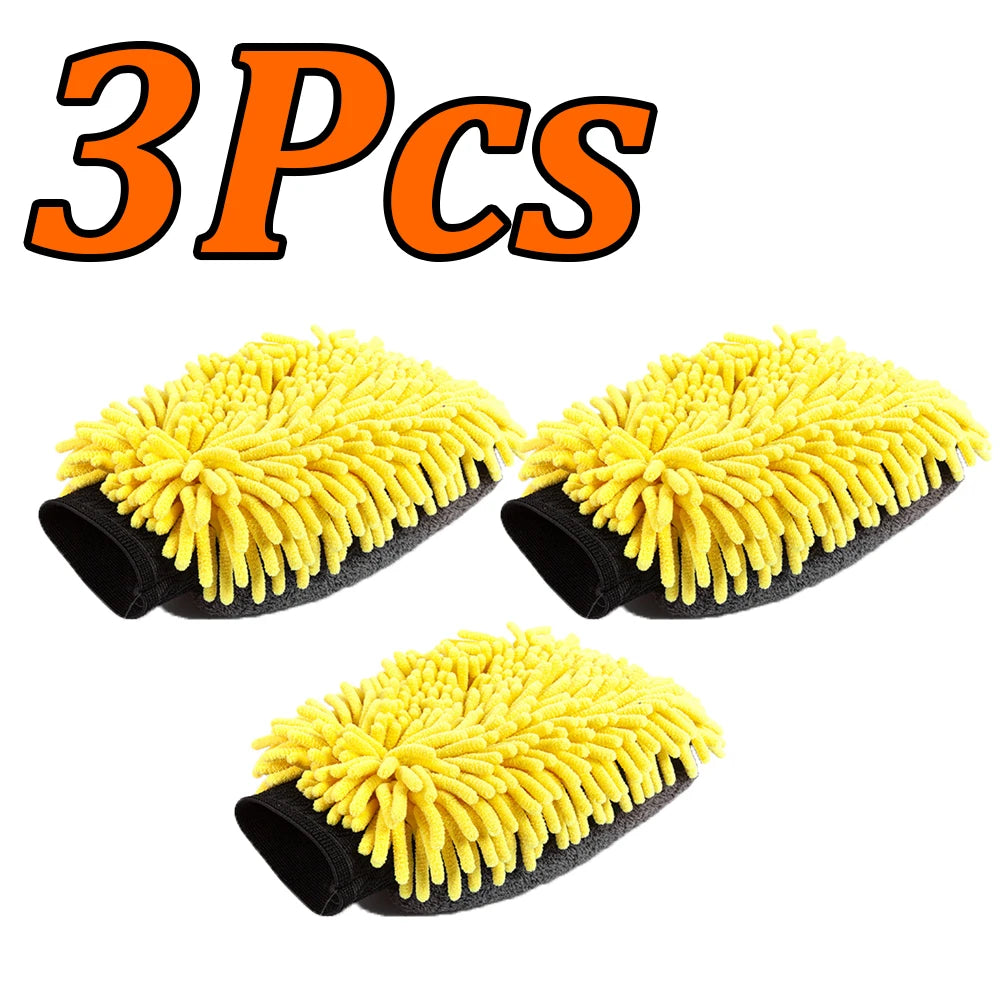3-1Pcs Car Wash Gloves Microfiber Chenille Gloves Waterproof Car Cleaning Mitt Wax Detailing Brush Auto Care Double-faced Glove