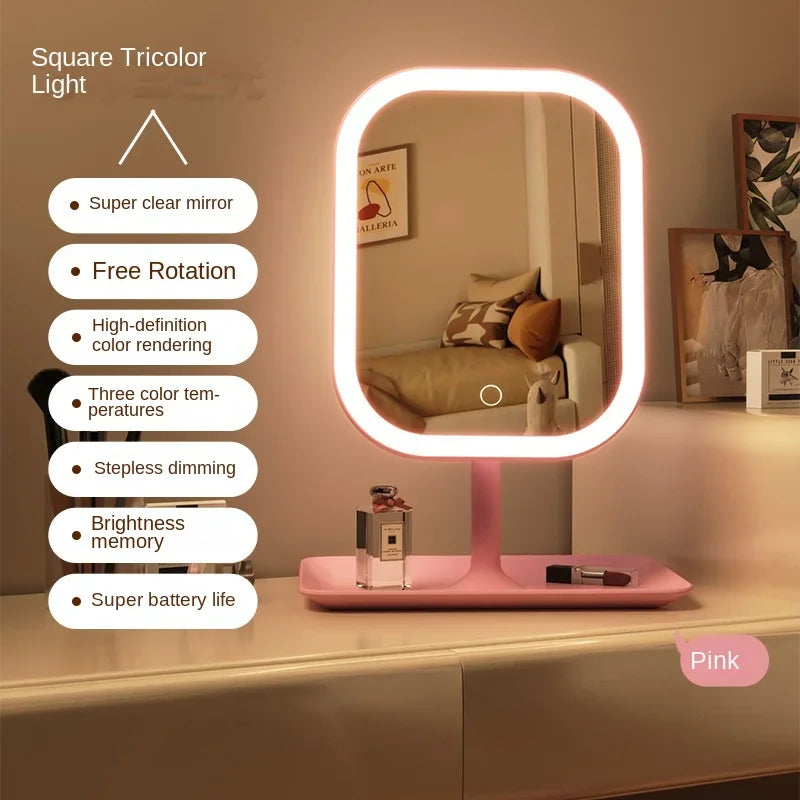 LED Vanity Mirror Intelligent Adjustable Three-color Light Vanity Mirror Desktop Fill Light Mirror One Touch Charging Model