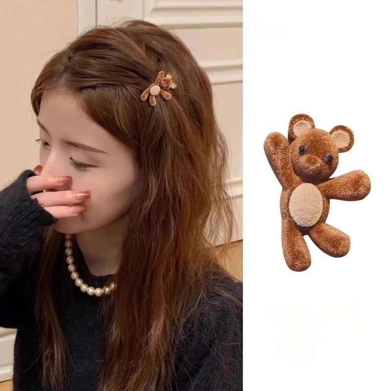 Lovely Little Bear Hair Clips for Women Flocking Bear Metal Hair Clips Korean Style New Product Headwear