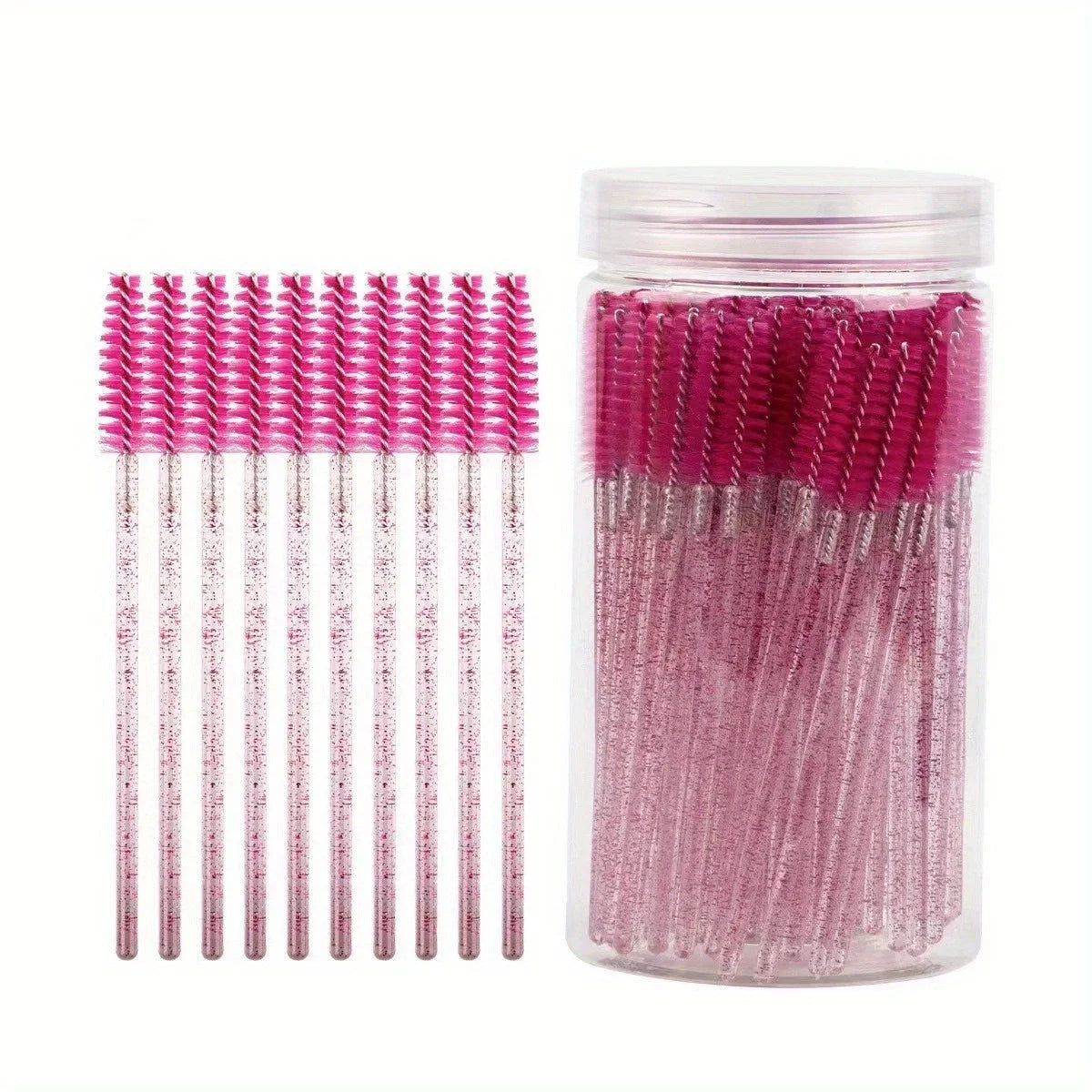 50Pcs Disposable Mascara Wands, Crystal Eyebrow Spoolies Brush for Eyelash Extensions Lash Brushes with Container Makeup Tools