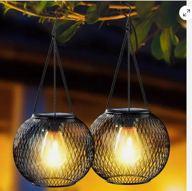 Solar Powered Thickened Wrought Iron Rustic Lattice Mesh Pendant Light Outdoor Garden Backyard Dimmable LED Hanging Decor Lamp