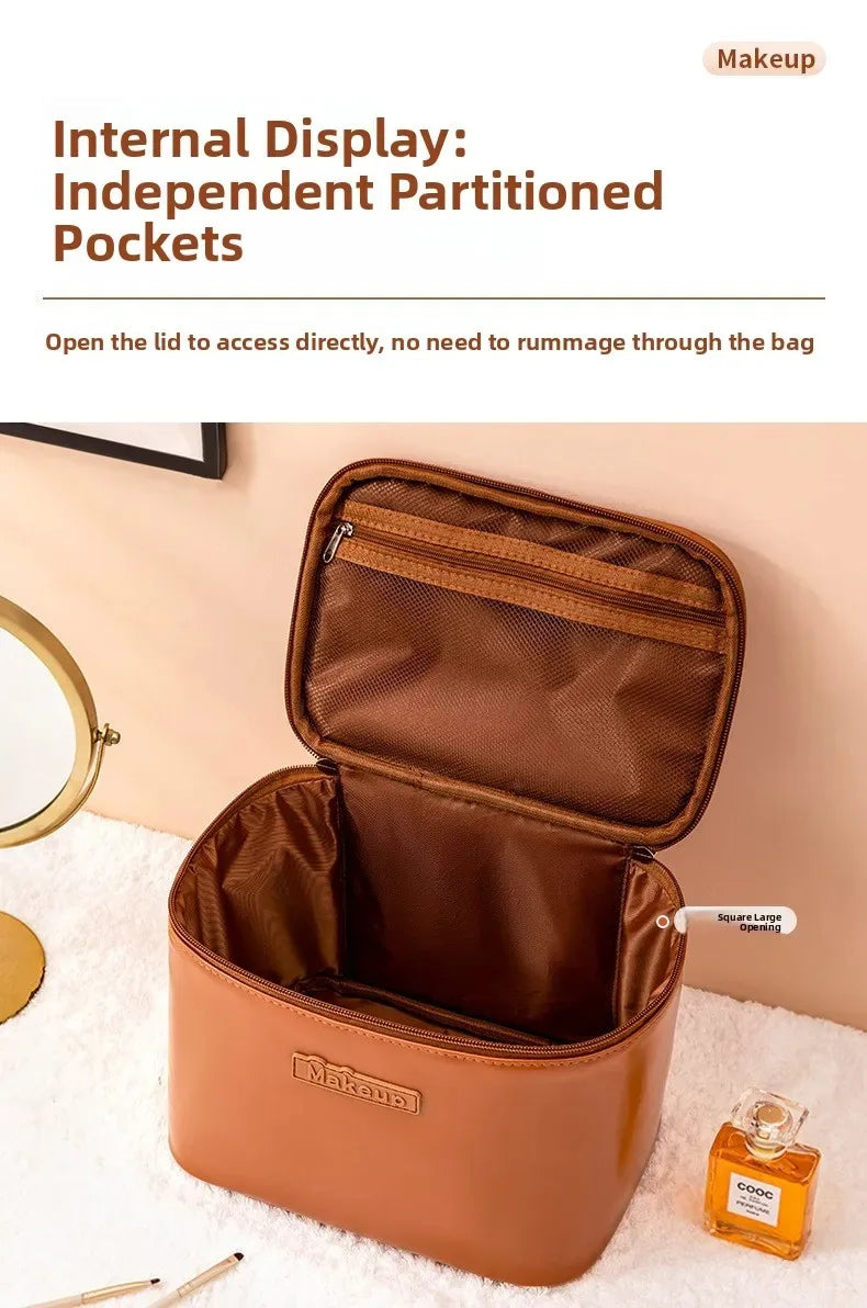 Large Capacity Waterproof Multifunctional Travel Cosmetic Bag Portable Makeup Storage Box PU Material Round Cylinder Shape