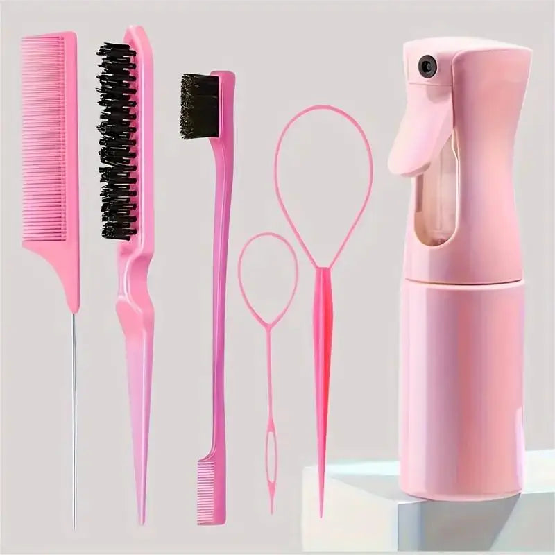 6pcs/Set Hair Brush Set Hairdressing Spray Bottle Hair Braiding Loop Rat Tail Comb Teasing Hair Brush Edge Control Hair Brush