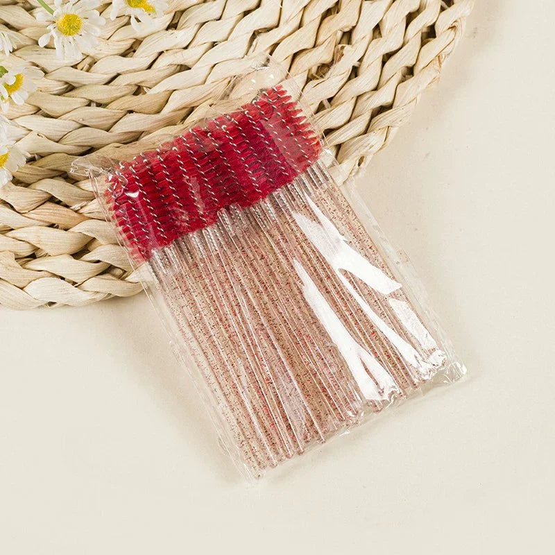 50Pcs Disposable Mascara Wands, Crystal Eyebrow Spoolies Brush for Eyelash Extensions Lash Brushes with Container Makeup Tools