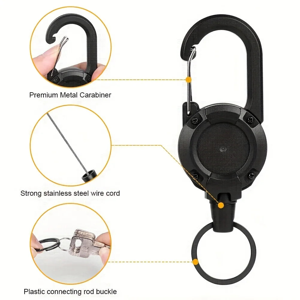 Retractable Heavy Duty Pull Reel Carabiner Key Chains Strong Steel Wire Rope Buckle Spring Key Ring Outdoor Sporty Keychain Tool