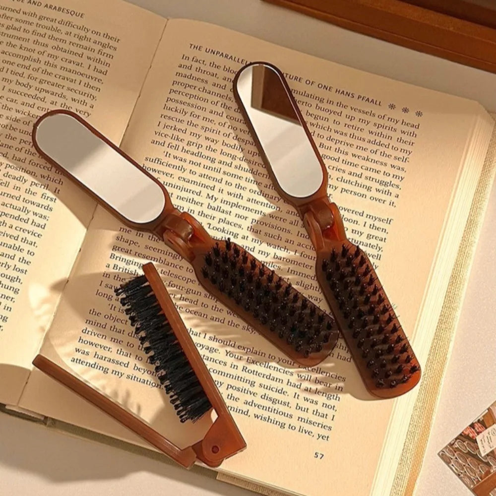 1Pc Boar Bristle Massage Hair Comb Anti Static with Makeup Mirror Folding Comb High Skull Integrated Styling Combs Supplies