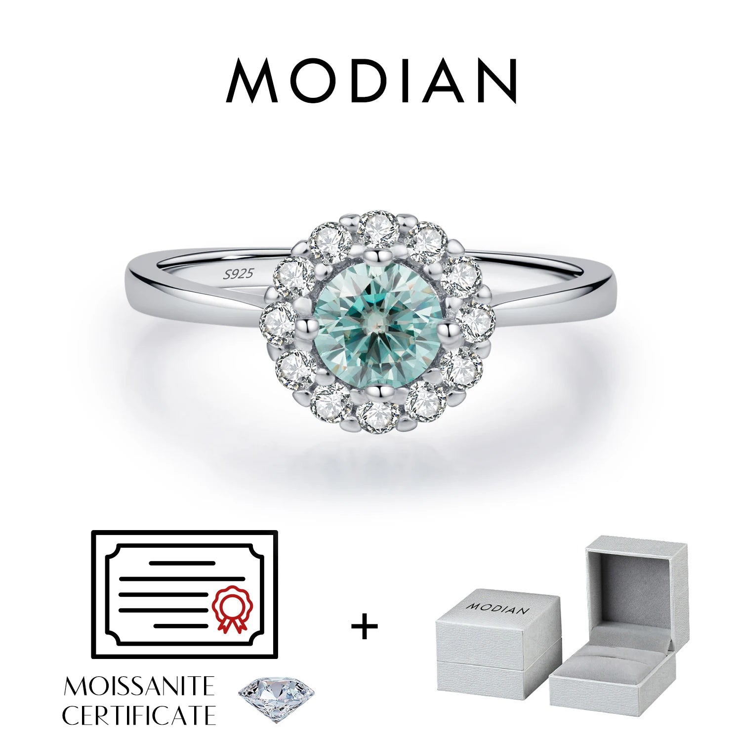 MODIAN D Color Green Teal Moissanite Halo Ring 925 Sterling Silver Trendy Elegant Finger Rings For Women Wedding Fine Jewelry