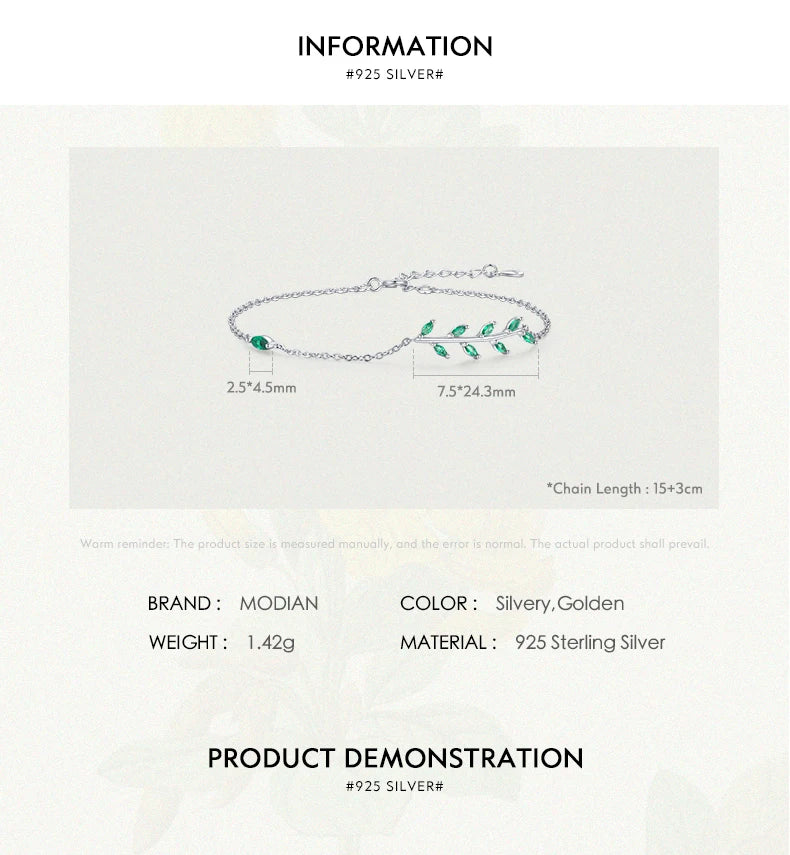 MODIAN 925 Sterling Silver Green Leaf Zirconia Adjustable Link Chain Bracelet For Women Fashion Wedding Jewelry Accessories