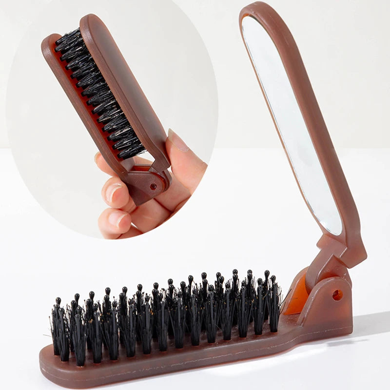 1Pc Boar Bristle Massage Hair Comb Anti Static with Makeup Mirror Folding Comb High Skull Integrated Styling Combs Supplies