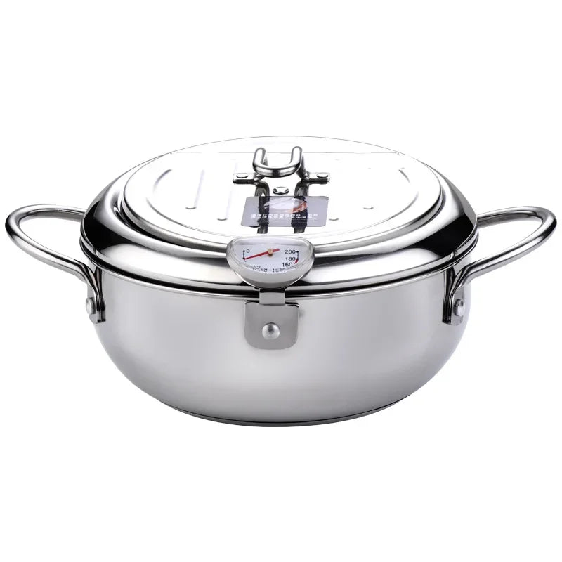 Japanese Deep Frying Pot with a Thermometer and a Lid 304 Stainless Steel Kitchen Tempura Fryer Pan