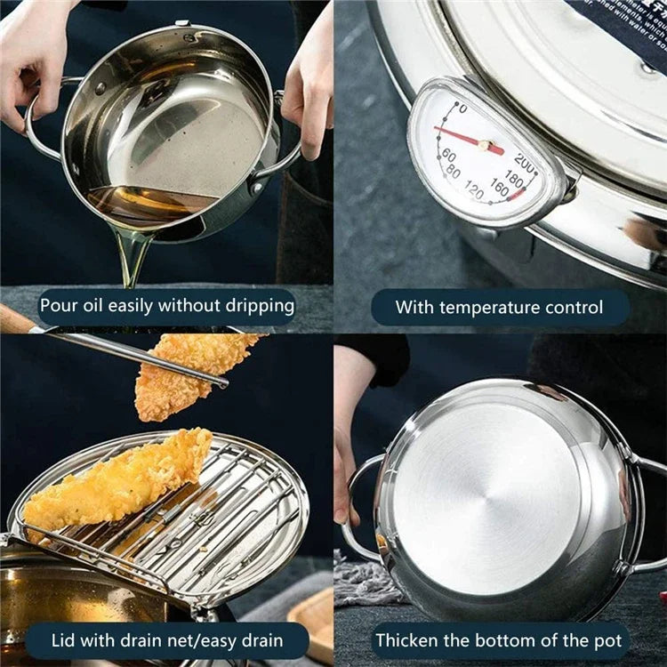 Japanese Deep Frying Pot with a Thermometer and a Lid 304 Stainless Steel Kitchen Tempura Fryer Pan