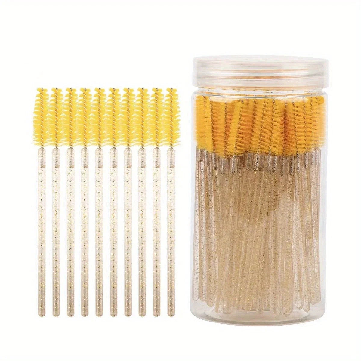 50Pcs Disposable Mascara Wands, Crystal Eyebrow Spoolies Brush for Eyelash Extensions Lash Brushes with Container Makeup Tools
