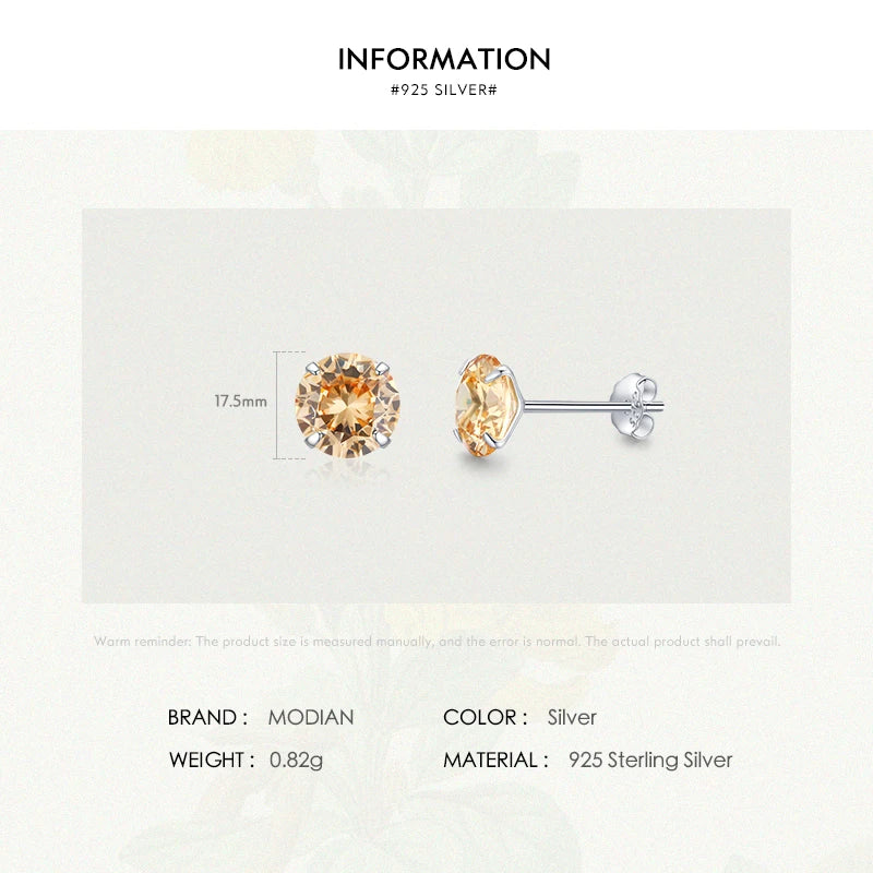 Modian Champagne Zirconia Stud Earrings 925 Sterling Silver Round CZ Hypoallergenic 4MM 5MM 6MM 7MM Earrings For Women Jewelry