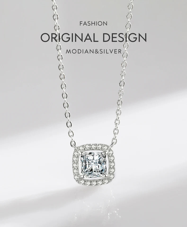 Modian Real 925 Sterling Silver Exquisite Square Shiny Zirconia Pendant Clear CZ Chain Necklace for Women Wedding Fine Jewelry