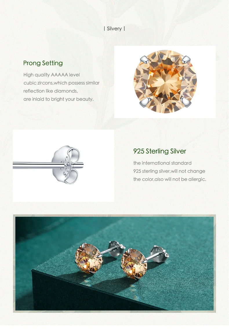 Modian Champagne Zirconia Stud Earrings 925 Sterling Silver Round CZ Hypoallergenic 4MM 5MM 6MM 7MM Earrings For Women Jewelry