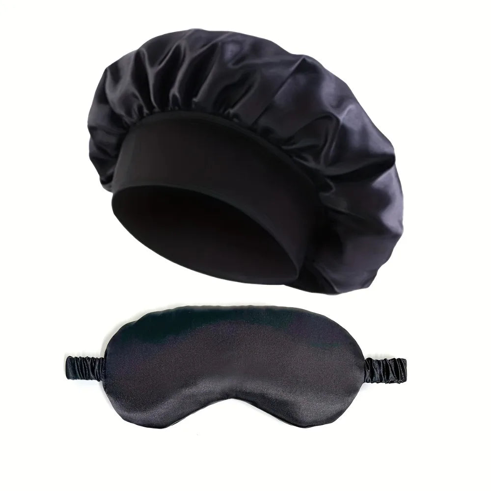 2PCS Satin Bonnet Sleep Cap Eye Mask Set Women Night Care Hair Wrap Sleeping Mask Silk Soft Comfortable Travel Rest Gift